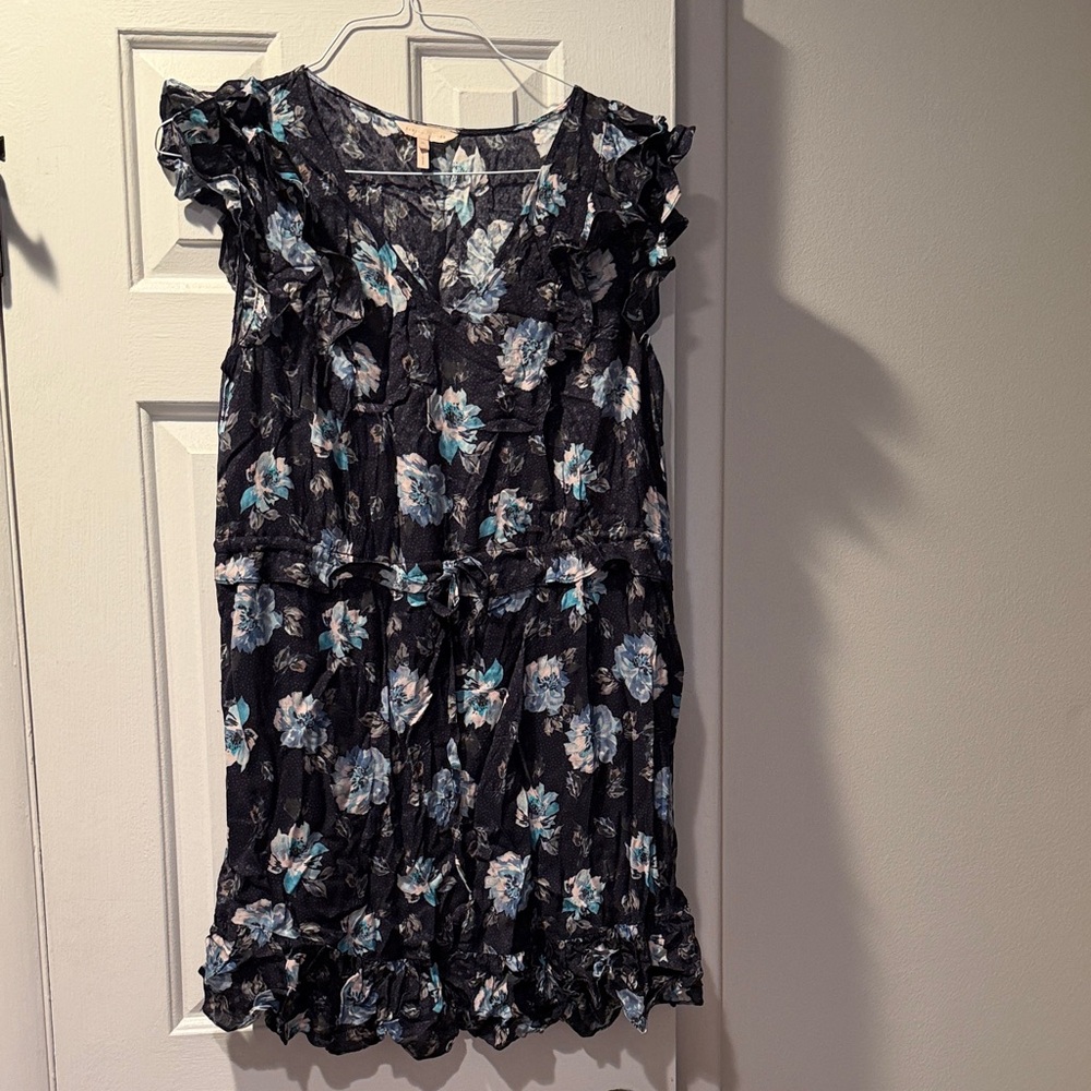 Rebecca Taylor Black Floral Ruffle Tunic with Blue Accents